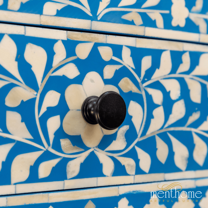 Handcrafted Furniture Bone Inlay Light Blue Bedside Table | Luxury Handmade Bedside Table