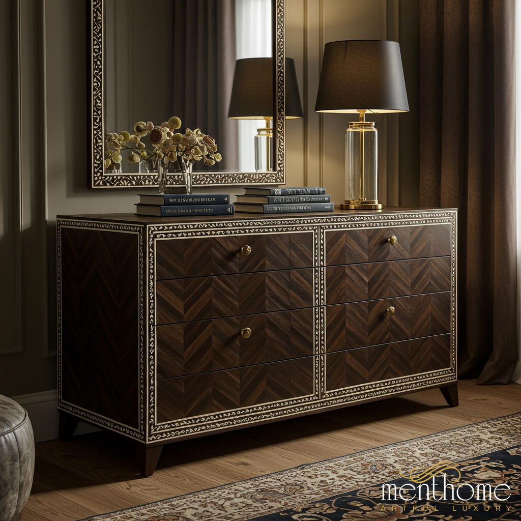 Elegant Dark Wood Decorative Dresser with Gold Trim | Luxury Handmade Menthome USA Elegant Dark Wood Decorative Dresser with Gold Trim | Luxury Handmade Menthome USA