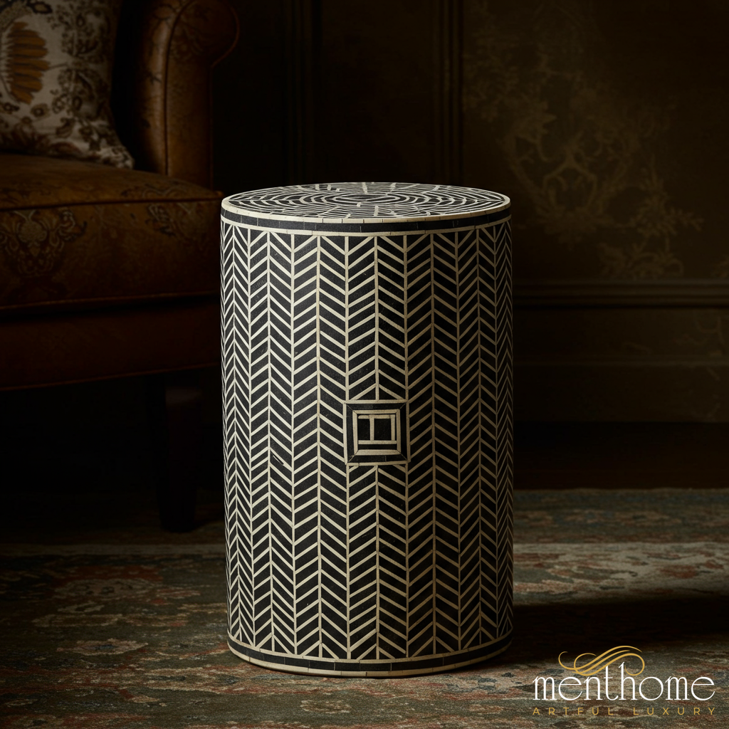 Black and White Geometric Patterned Cylinder Stool | Luxury Handmade Stool