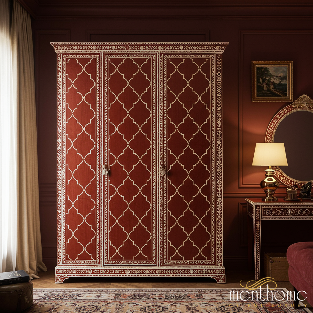 Elegant Red and Gold Three-Door Wardrobe | Luxury Handmade Wardrobe