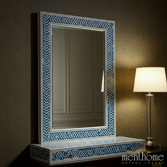 Decorative Bone Inlay Blue Patterned Wall Mirror with Shelf | Luxury Handmade Mirror