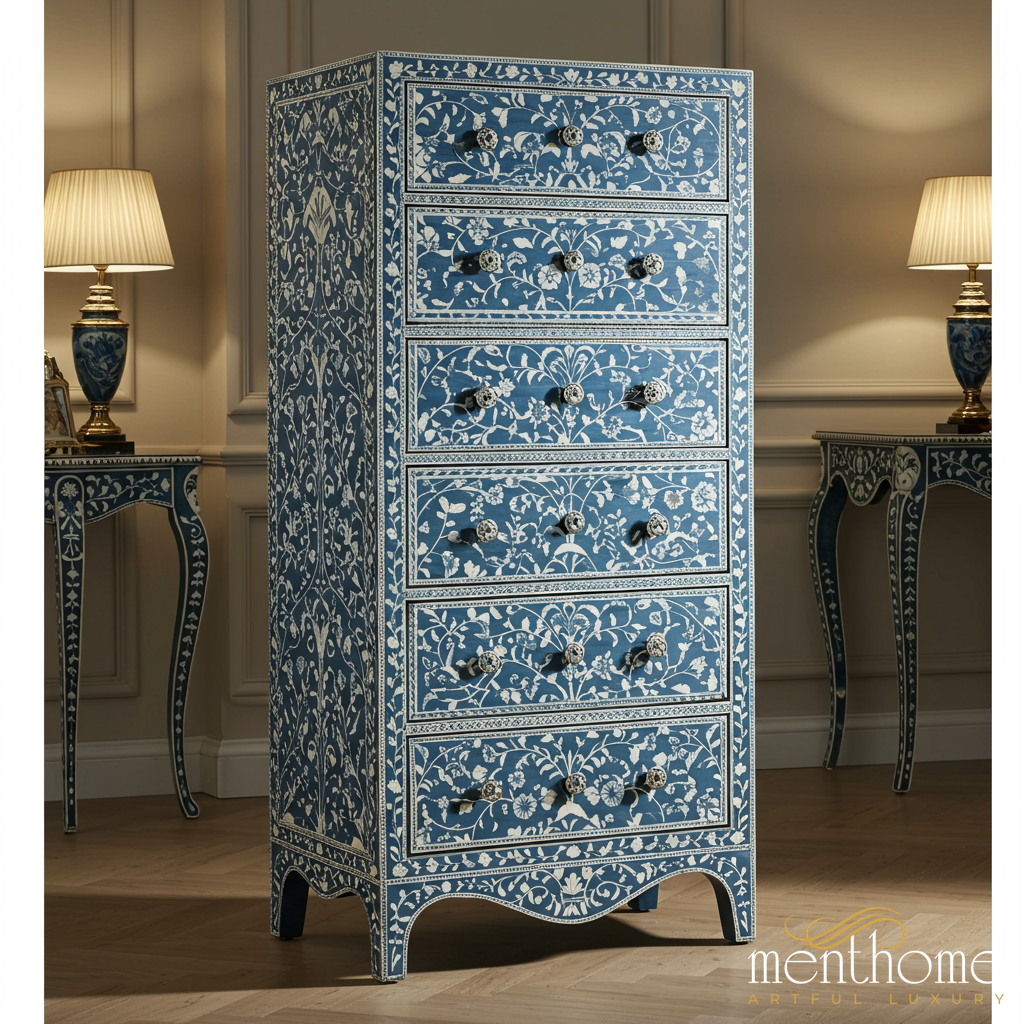 Blue Floral Bone Inlay Dresser Chest blue bone inlay dres Blue Floral Bone Inlay Dresser Chest blue bone inlay dres