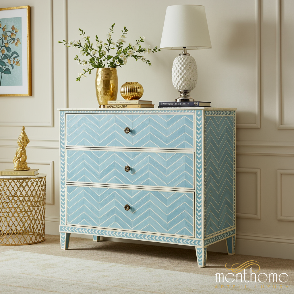 Blue Chevron Patterned 3-Drawer Chest | Luxury Handmade Dresser