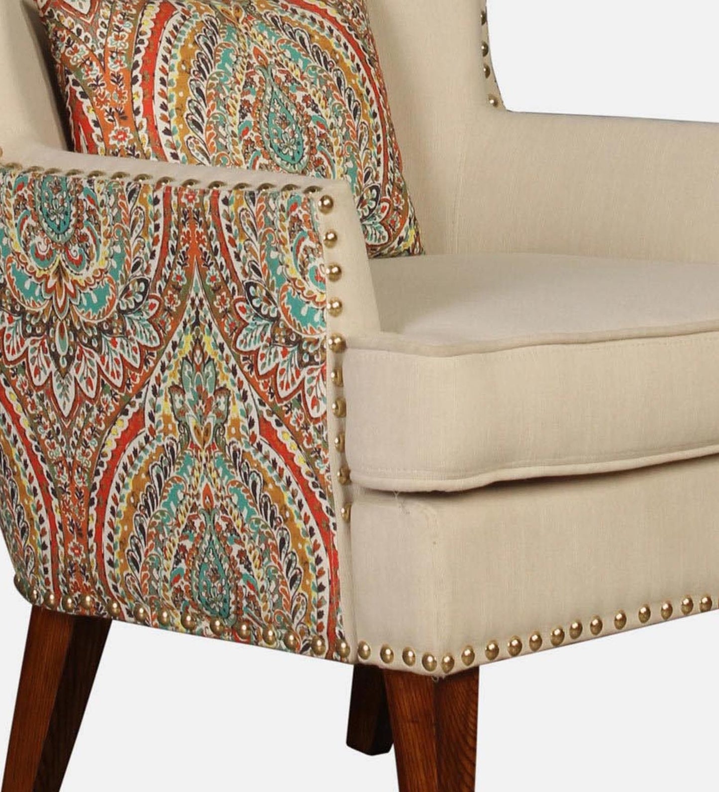 Fabric Wing Chair In Beige Floral Colour,