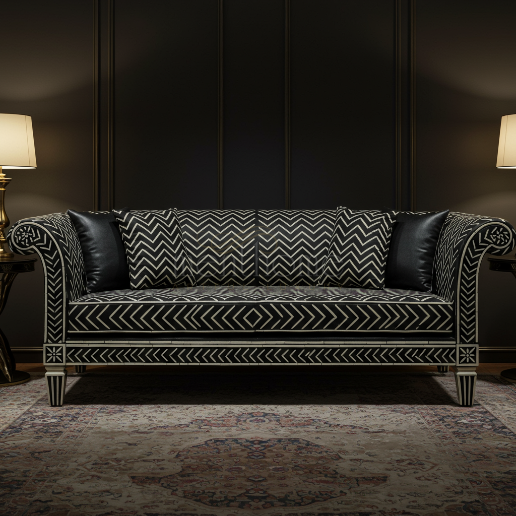 Luxurious Black Inlay Chevron Sofa | Luxury Handmade Sofa