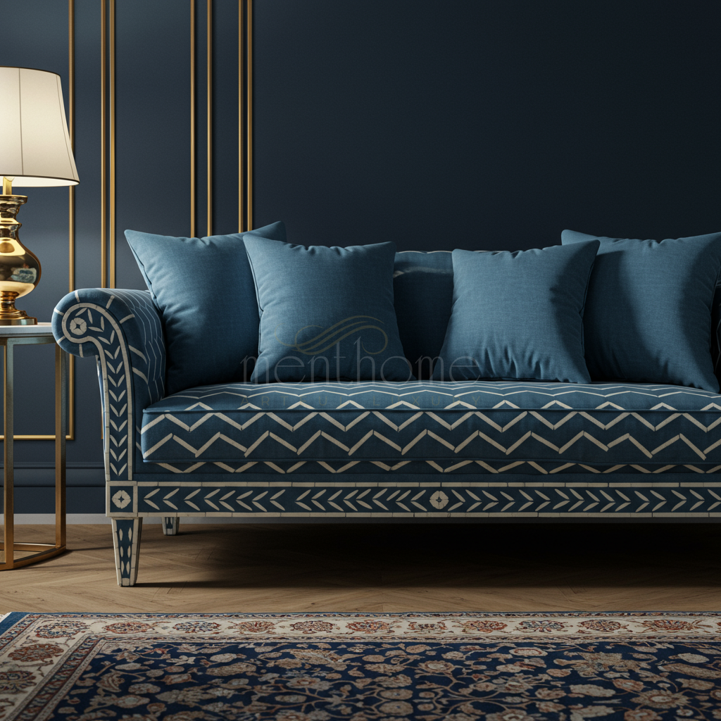 Elegant Inlay Pattern Blue Sofa with Plush Cushions | Luxury Handmade Sofa