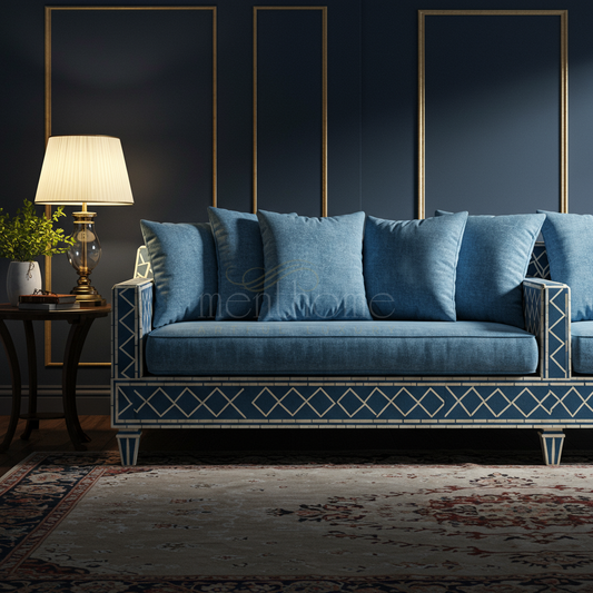 Luxury Inlay Blue Sofa with Cushion Set | Luxury Handmade Sofa