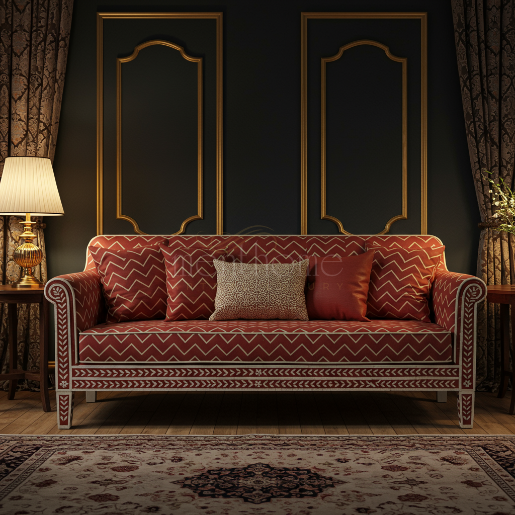 Classic Red Inlay Sofa with Chevron Pattern | Luxury Handmade Sofa