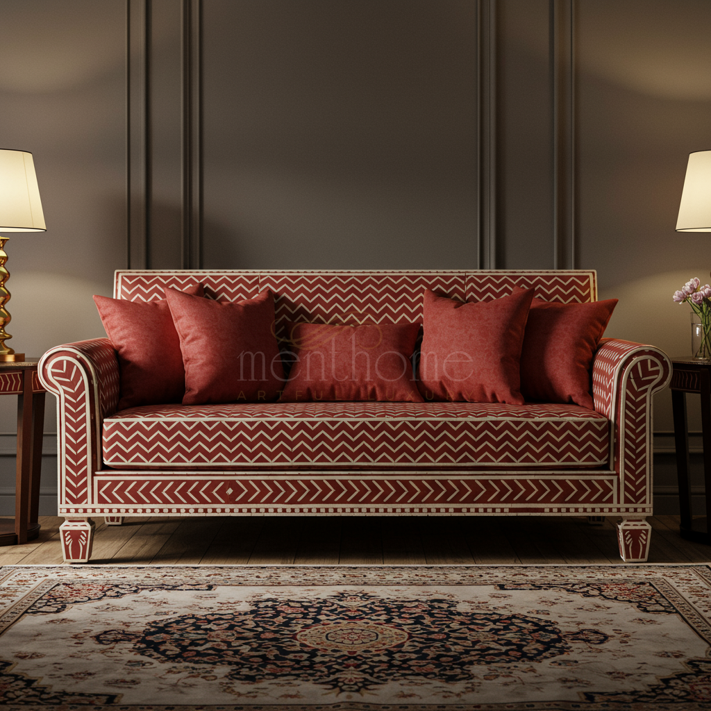 Handcrafted Inlay Red Chevron Pattern Sofa | Luxury Handmade Sofa