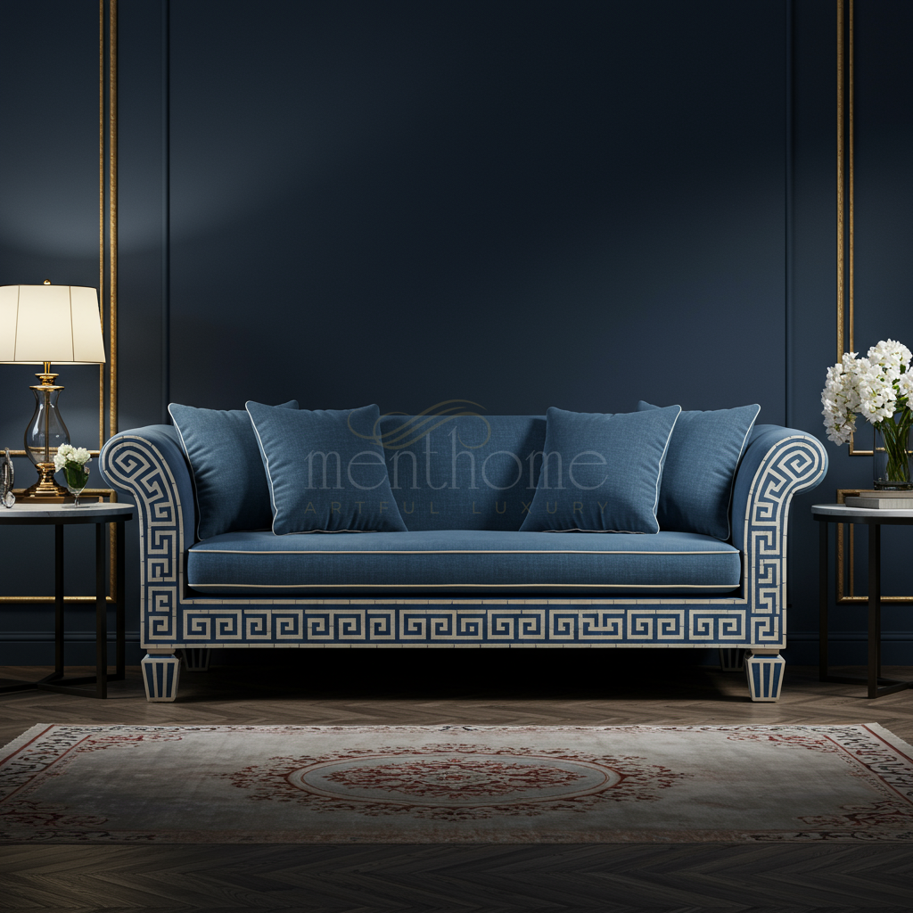 Blue Inlay Art Deco Sofa with Geometric Patterns | Luxury Handmade Sofa