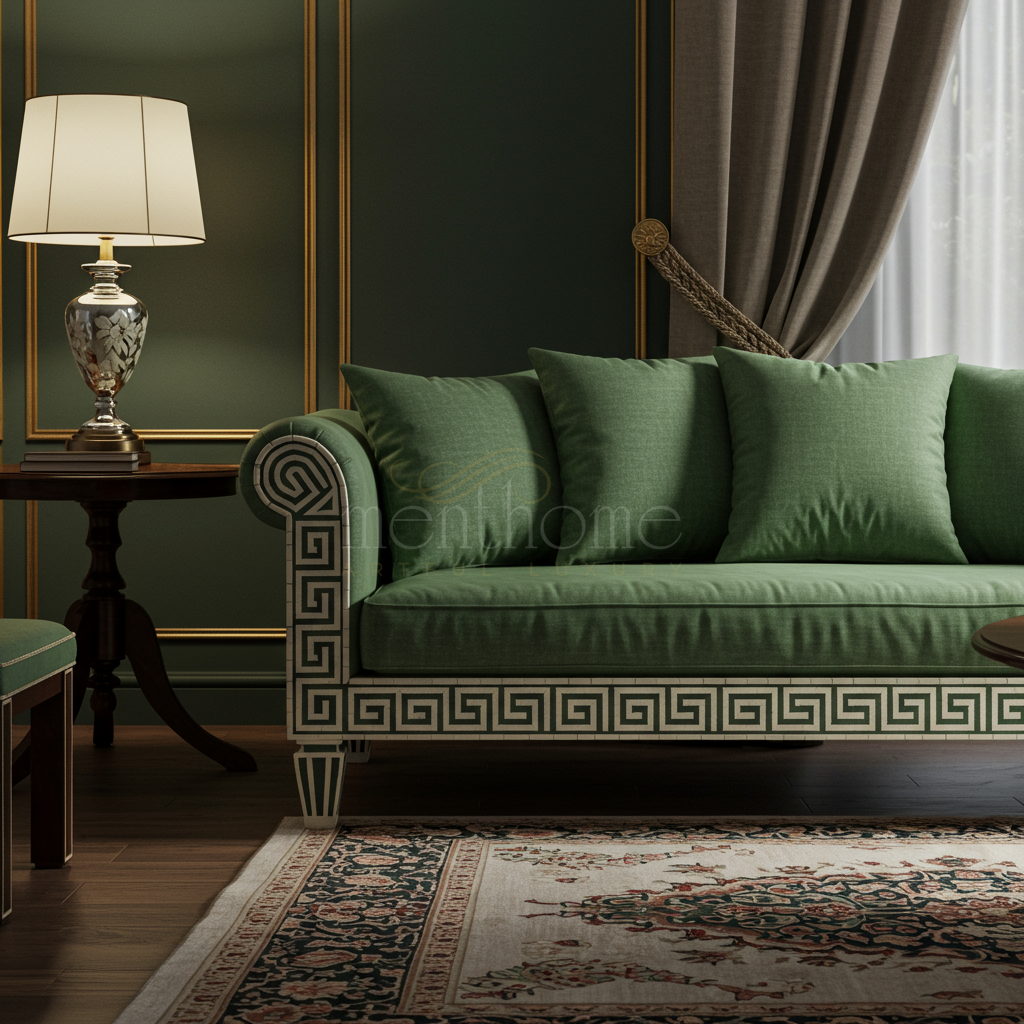 Inlay Green Sofa with Geometric Detailing | Luxury Handmade Sofa