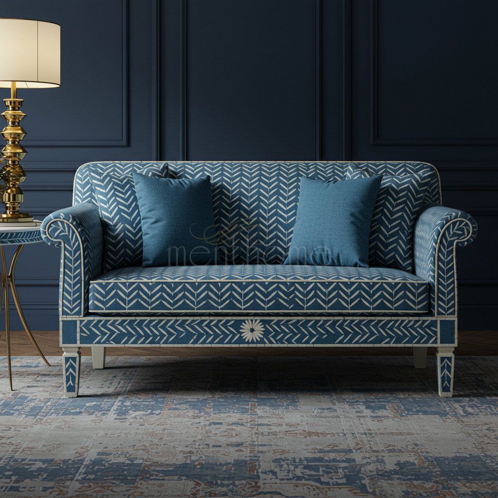 Blue Chevron Patterned Inlay Sofa | Luxury Handmade Sofa