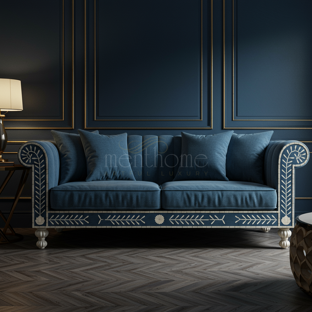 Royal Blue Inlay Sofa with Handcrafted Floral Motifs | Luxury Handmade Sofa
