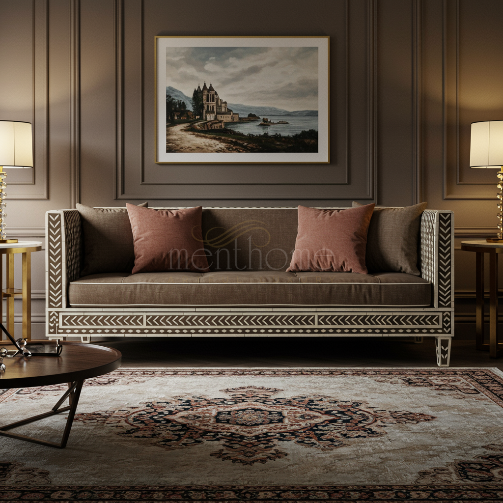 Elegant Inlay Sofa with Geometric Pattern Detailing | Luxury Handmade Sofa