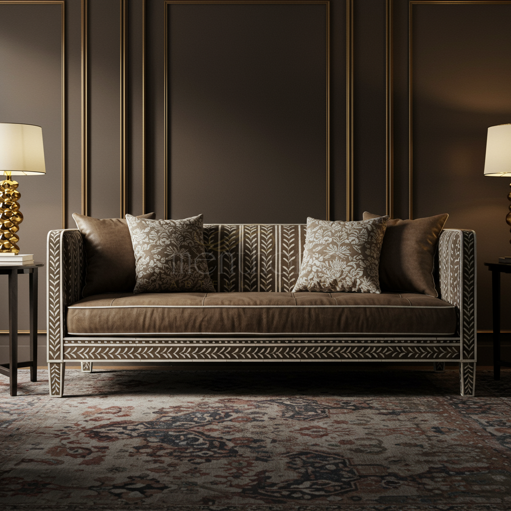 Luxurious Handcrafted Inlay Sofa with Floral Pattern Cushions | Luxury Handmade Sofa