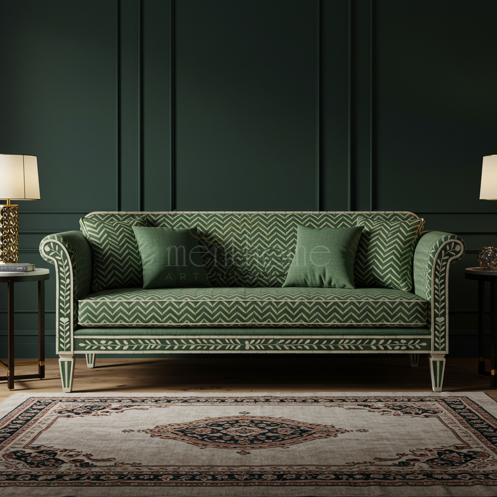 Luxury Green Inlay Pattern Sofa | Luxury Handmade Sofa