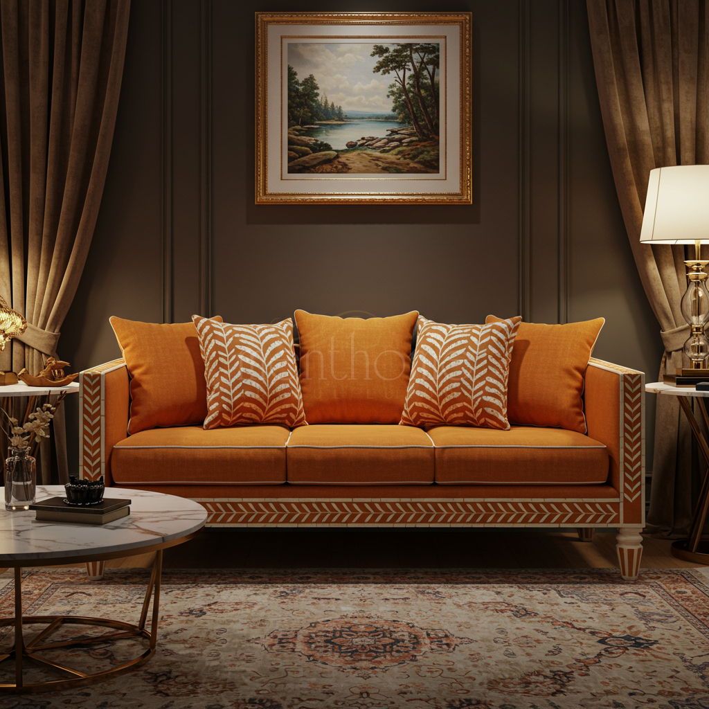 Elegant Orange Inlay Sofa with Patterned Cushions | Luxury Handmade Sofa