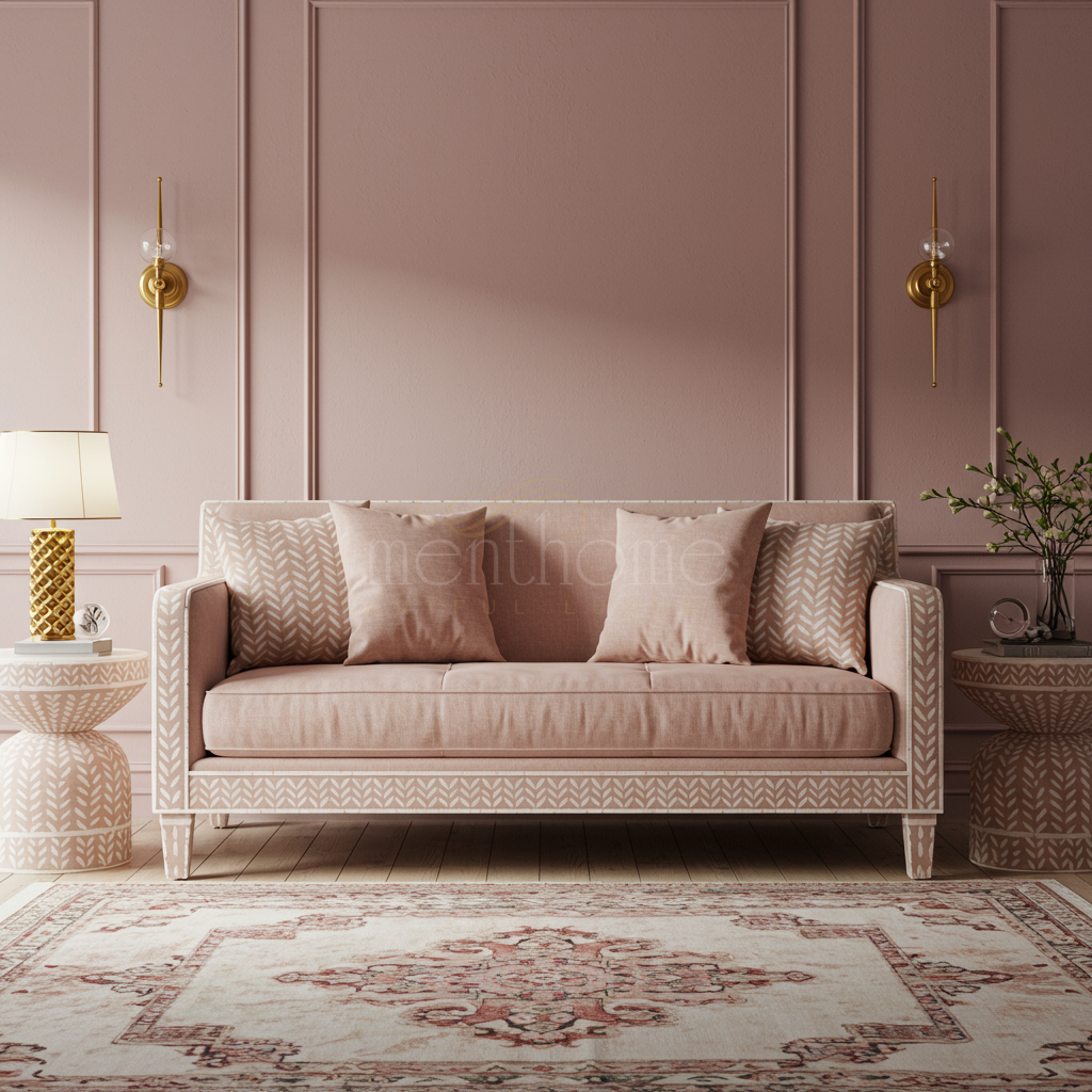 Elegant Blush Pink Inlay Sofa | Luxury Handmade Sofa