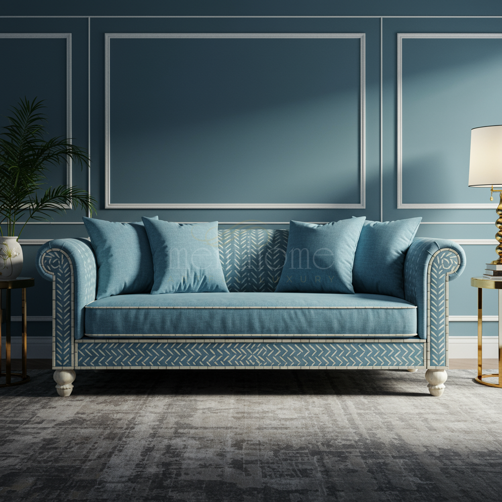Elegant Blue Inlay Fabric Sofa | Luxury Handmade Sofa