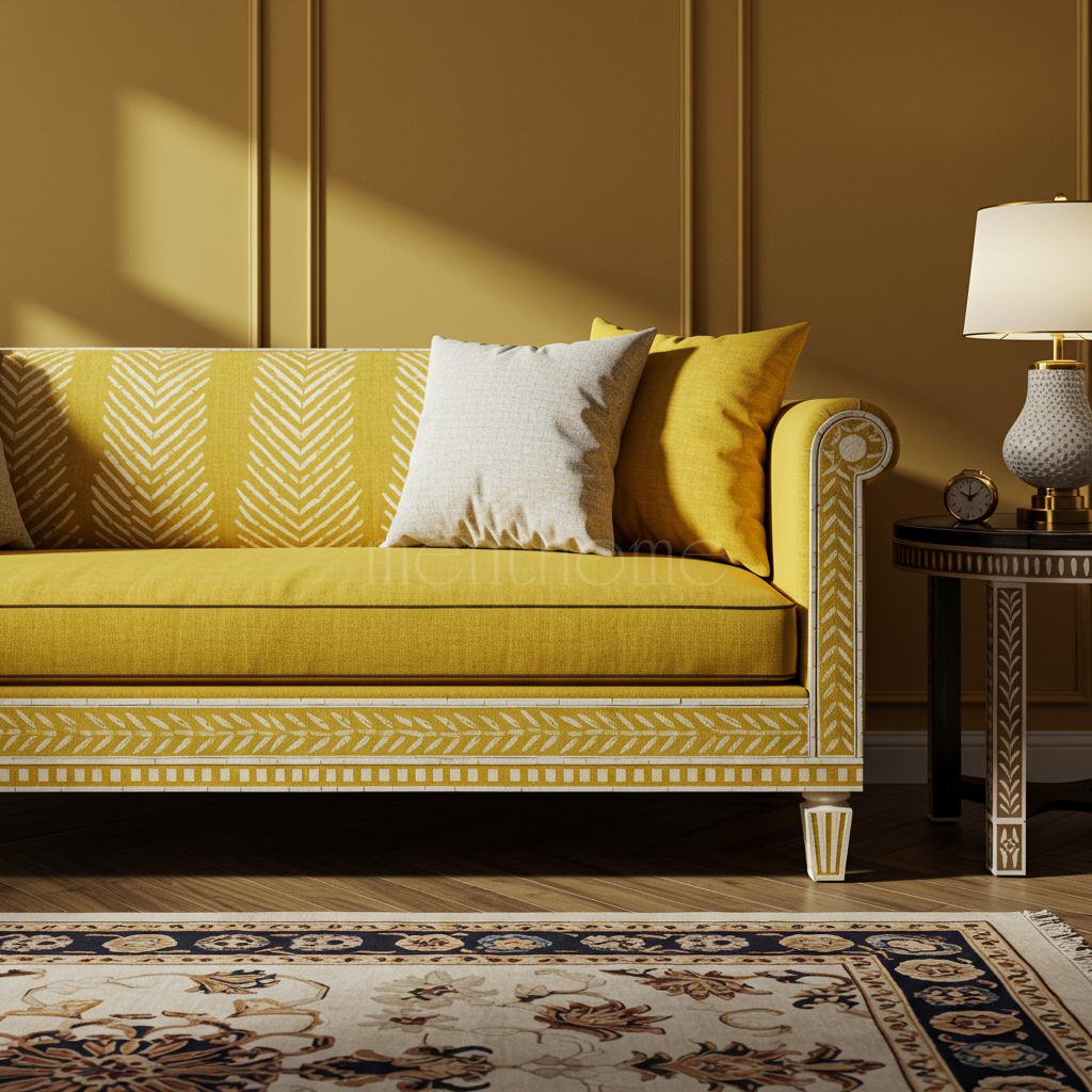 Luxury Yellow Inlay Sofa with Patterned Detailing | Luxury Handmade Sofa