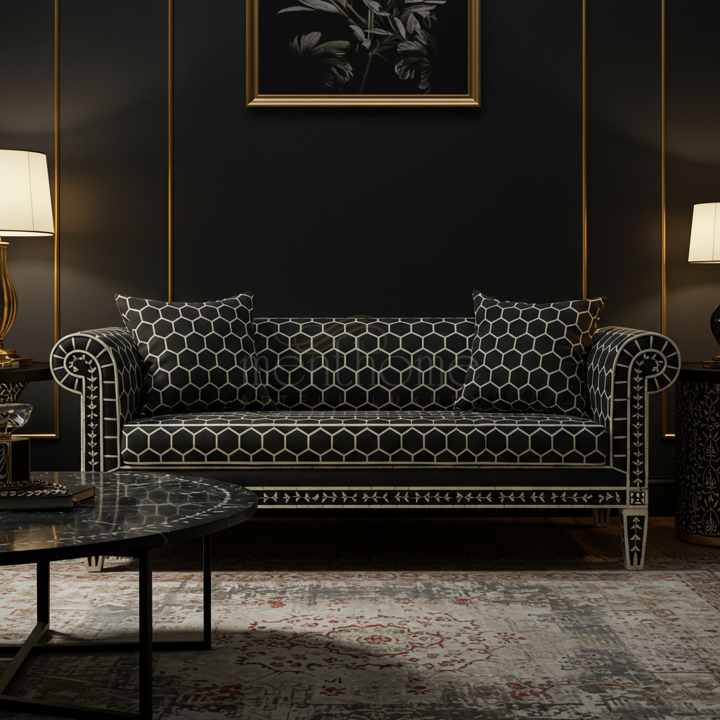 Luxury Black Geometric Inlay Sofa | Luxury Handmade Sofa