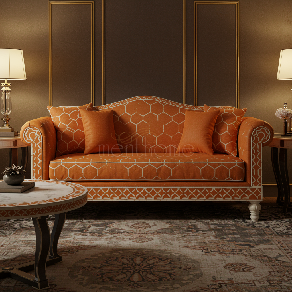 Elegant Orange Inlay Sofa with Geometric Pattern | Luxury Handmade Sofa