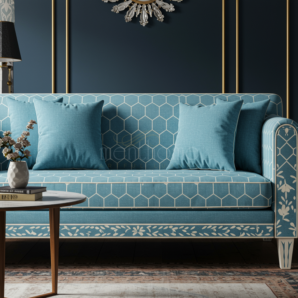 Luxurious Blue Inlay Sofa with Geometric and Floral Motifs | Luxury Handmade Sofa
