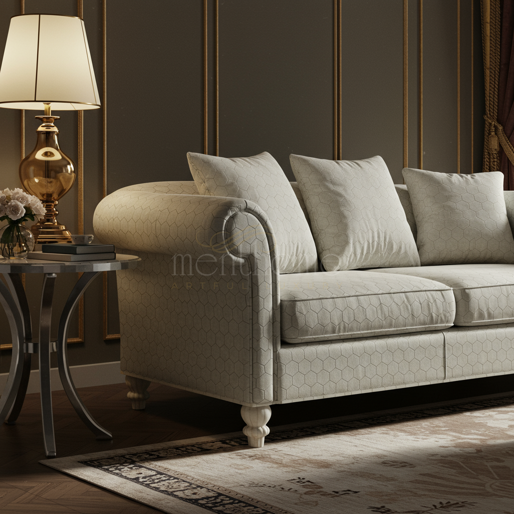 Classic Rolled Arm Sofa with Hex Pattern Upholstery | Luxury Handmade Sofa