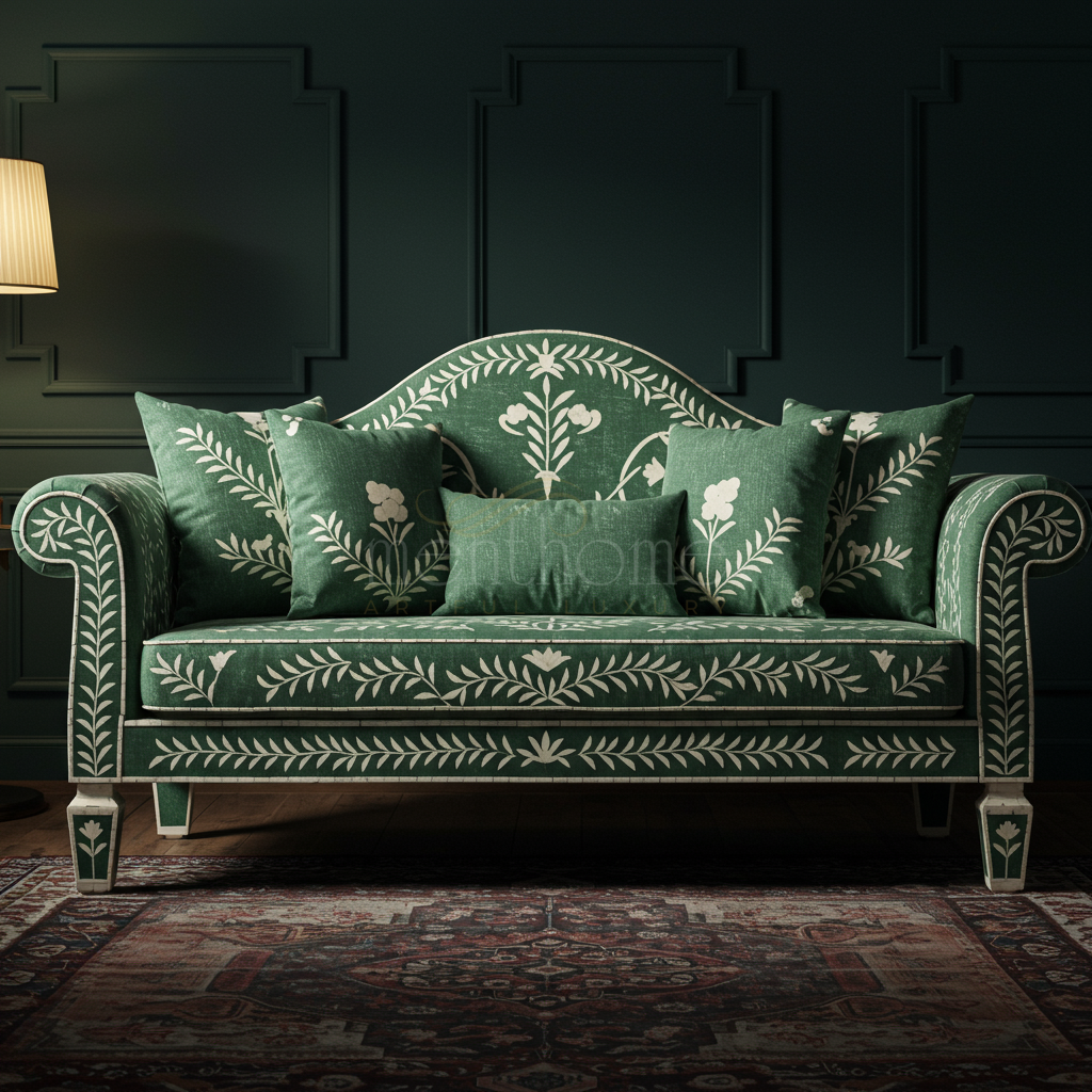 Elegant Green Inlay Sofa with Floral Motif | Luxury Handmade Sofa