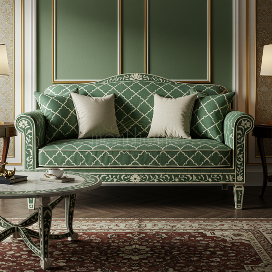 Luxury Green Inlay Sofa with Ornate Floral Detailing | Luxury Handmade Sofa