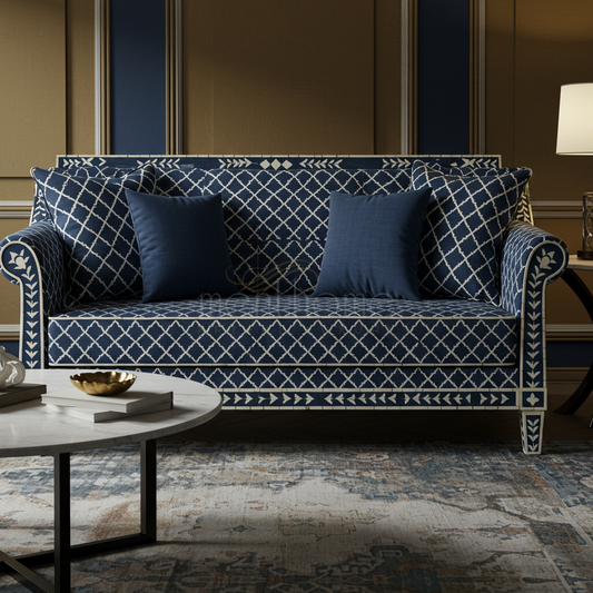 Luxury Blue Inlay Sofa with Geometric Pattern | Luxury Handmade Sofa