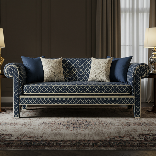 Elegant Blue Inlay Sofa with Classic Pattern | Luxury Handmade Sofa