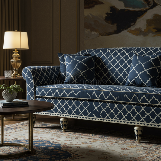 Elegant Blue Inlay Pattern Sofa | Luxury Handmade Sofa