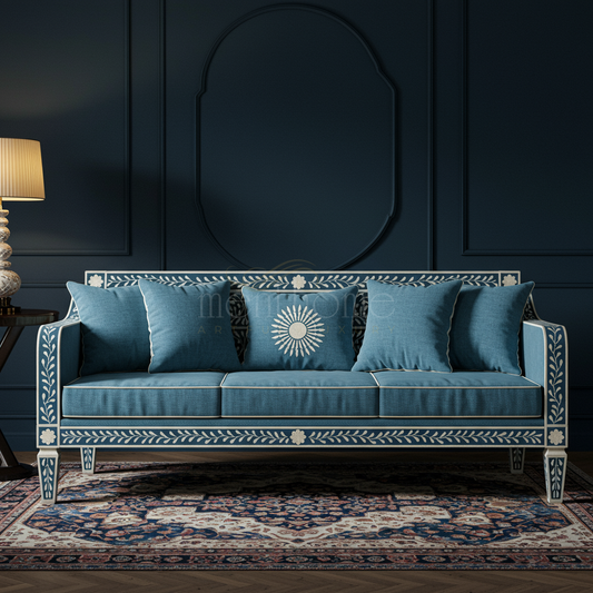 Elegant Blue Inlay Sofa with Floral Motifs | Luxury Handmade Sofa