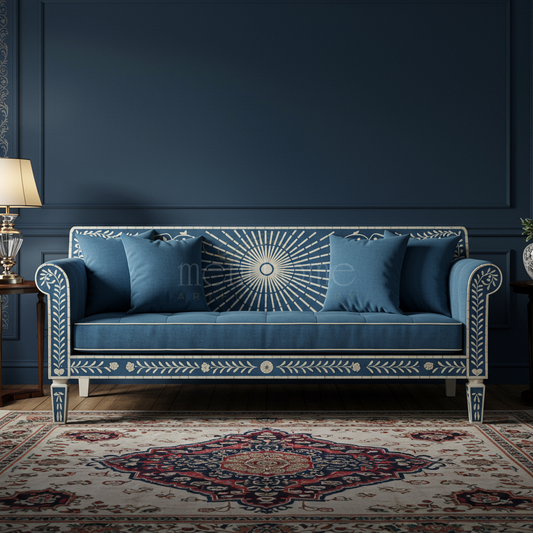 Luxury Inlay Blue Upholstered Sofa | Luxury Handmade Sofa