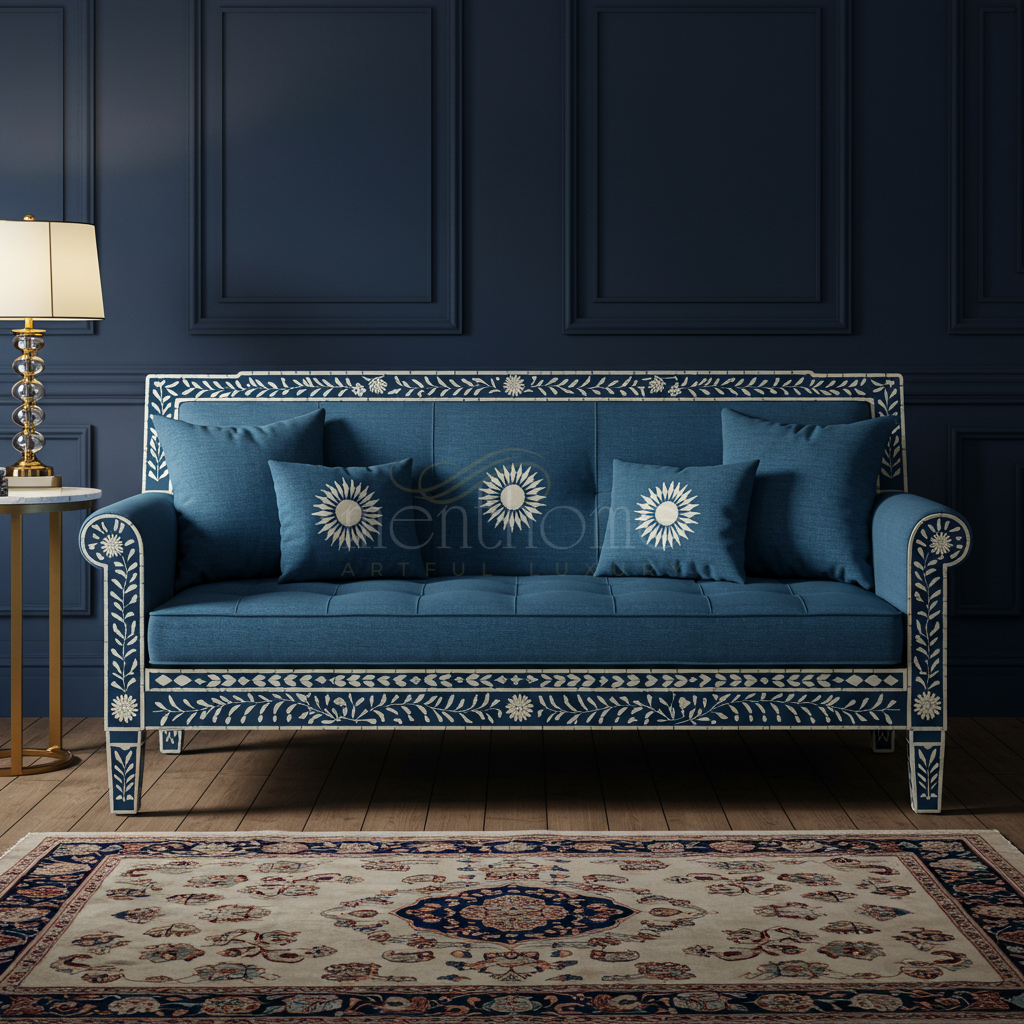 Artisanal Inlay Blue Fabric Sofa with Floral Motifs | Luxury Handmade Sofa