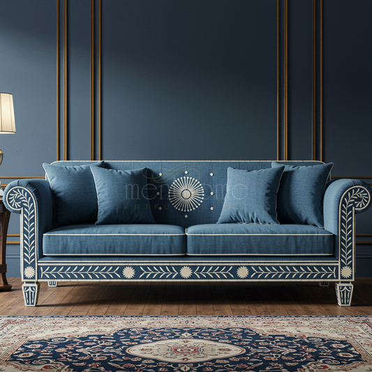 Luxury Blue Inlay Sofa with Floral Motif | Luxury Handmade Sofa
