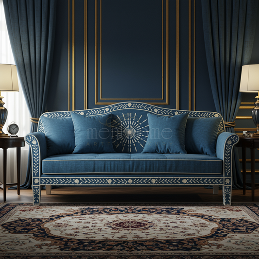 Elegant Blue Inlay Sofa with Floral Detailing | Luxury Handmade Sofa
