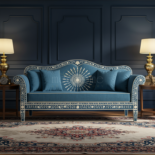 Elegant Blue Inlay Sofa with Floral Motifs | Luxury Handmade Sofa