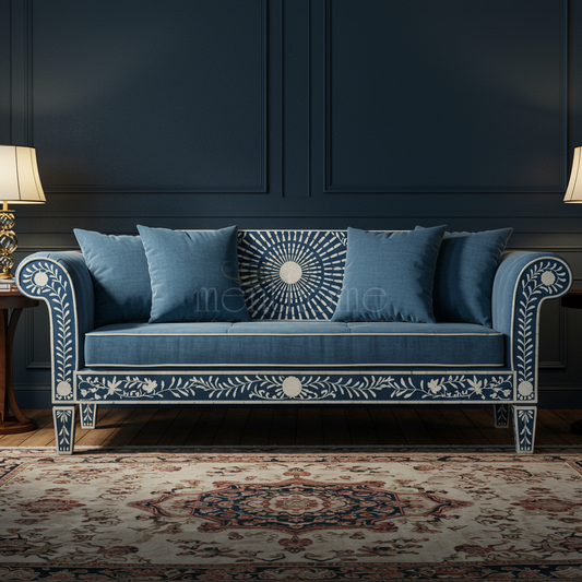 Luxury Inlay Blue Fabric Sofa with Floral Motifs | Luxury Handmade Sofa