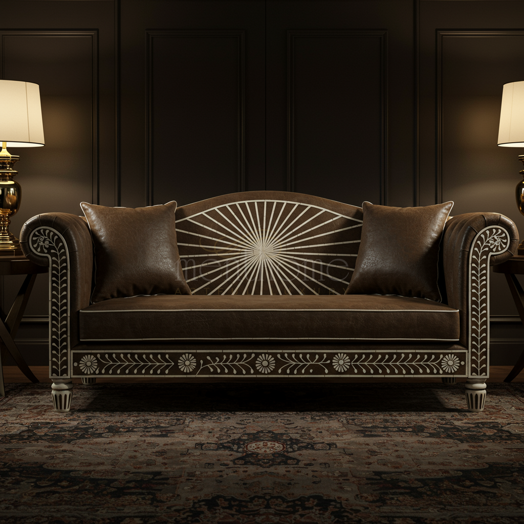 Elegant Inlay Brown Leather Sofa | Luxury Handmade Sofa