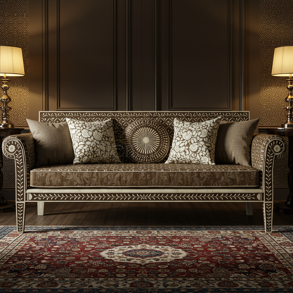 Elegant Inlay Carved Sofa with Floral Upholstery | Luxury Handmade Sofa