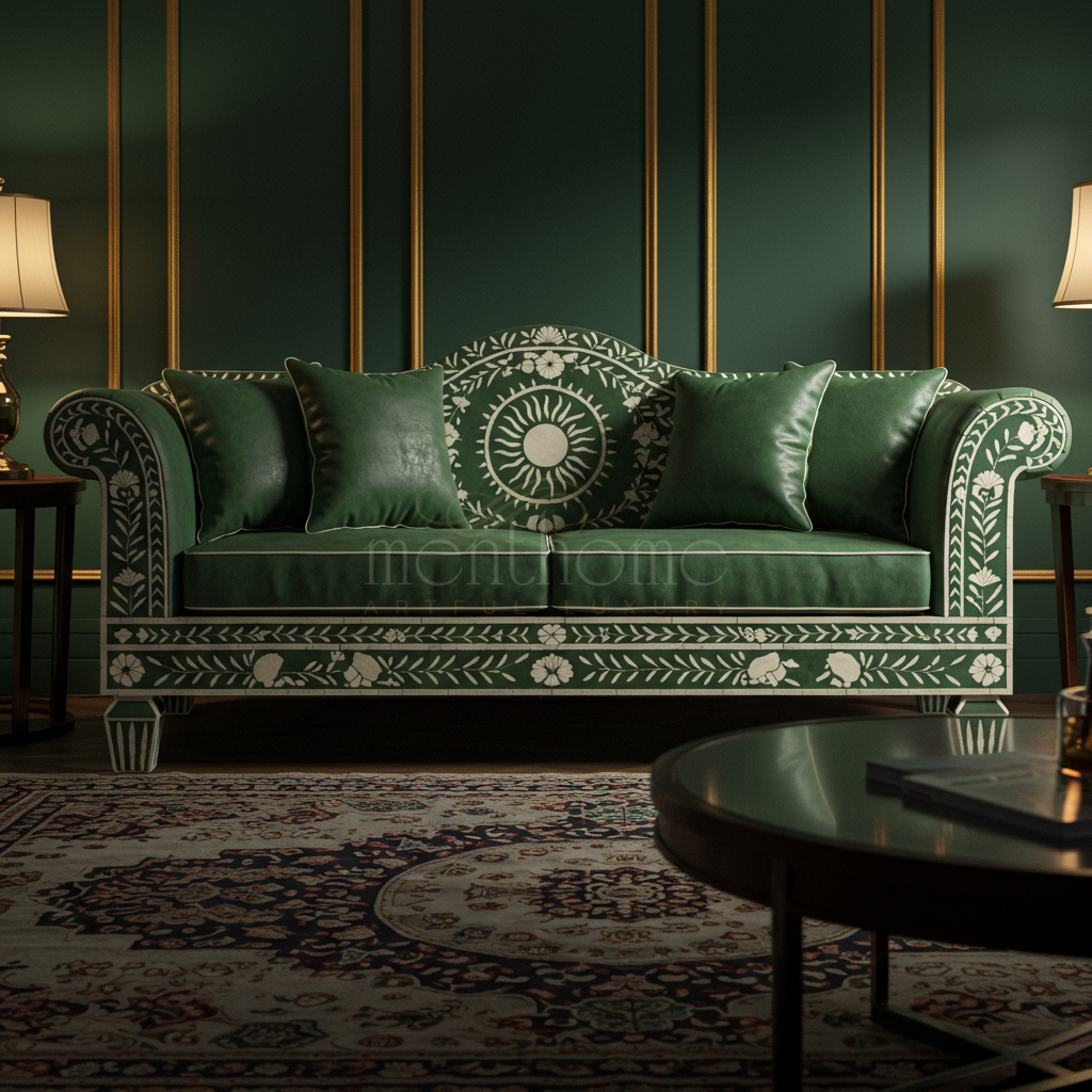 Elegant Green Inlay Sofa with Floral Motifs | Luxury Handmade Sofa