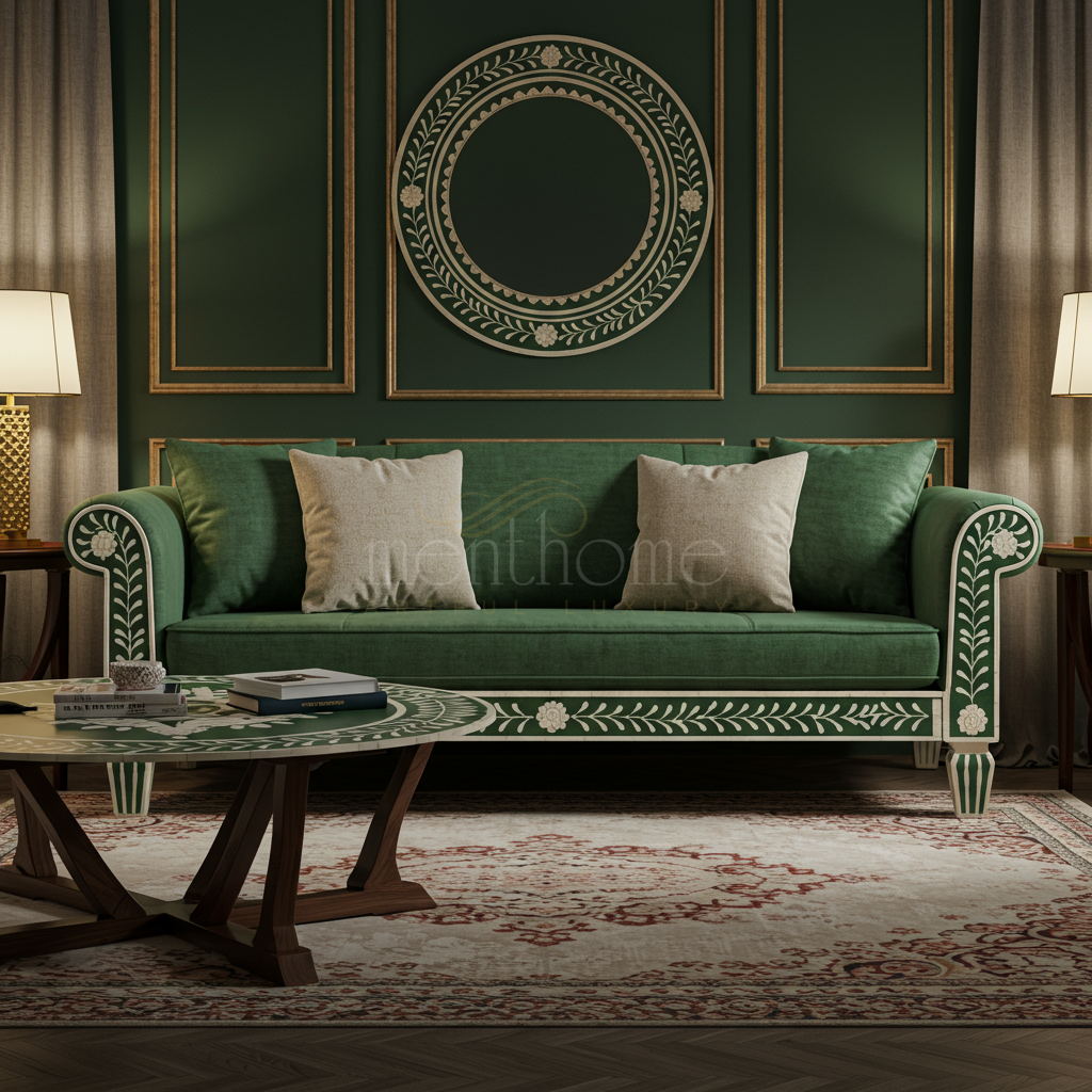 Luxurious Green Inlay Sofa with Floral Detailing | Luxury Handmade Sofa