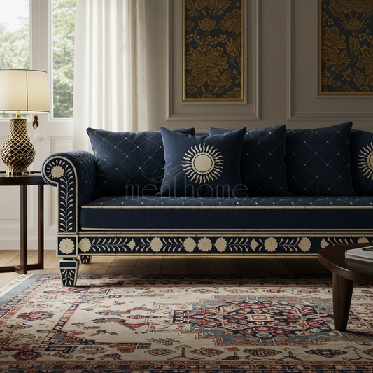 Elegant Blue Inlay Sofa with Floral Motif | Luxury Handmade Sofa