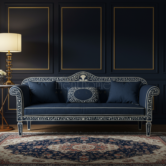 Luxury Blue Inlay Sofa with Floral Detailing | Luxury Handmade Sofa