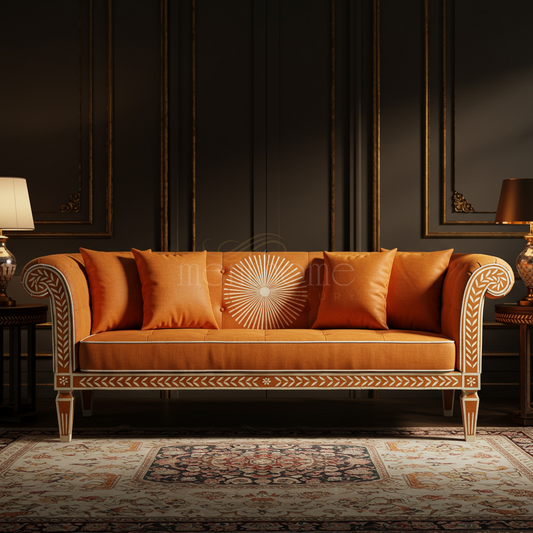 Luxury Inlay Orange Sofa with Intricate Detailing | Luxury Handmade Sofa