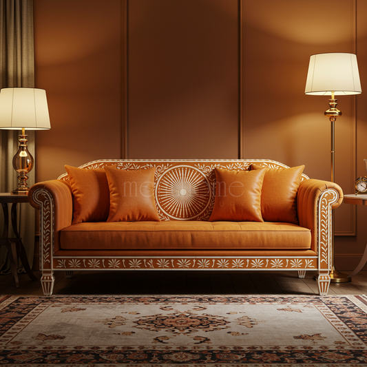 Luxury Hand-Painted Inlay Sofa in Warm Terracotta | Luxury Handmade Sofa