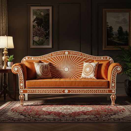 Luxury Inlay Orange Velvet Sofa with Floral Accents | Luxury Handmade Sofa