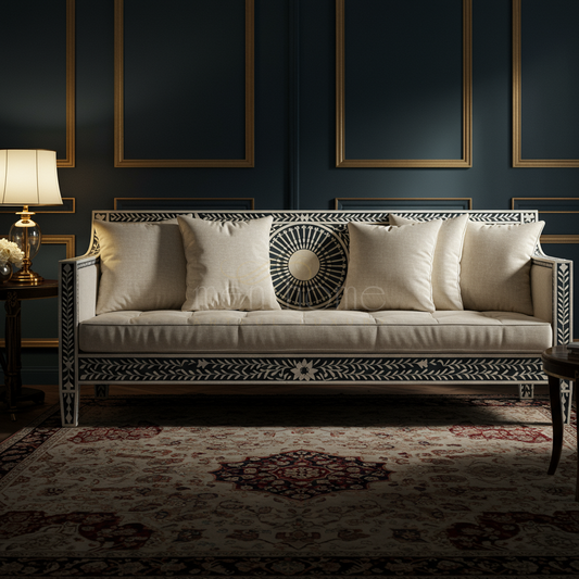 Luxury Inlay Wood Sofa with Beige Cushions | Luxury Handmade Sofa